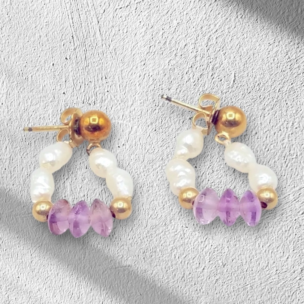 Yellow Gold Filled Amethyst & Pearl Earrings